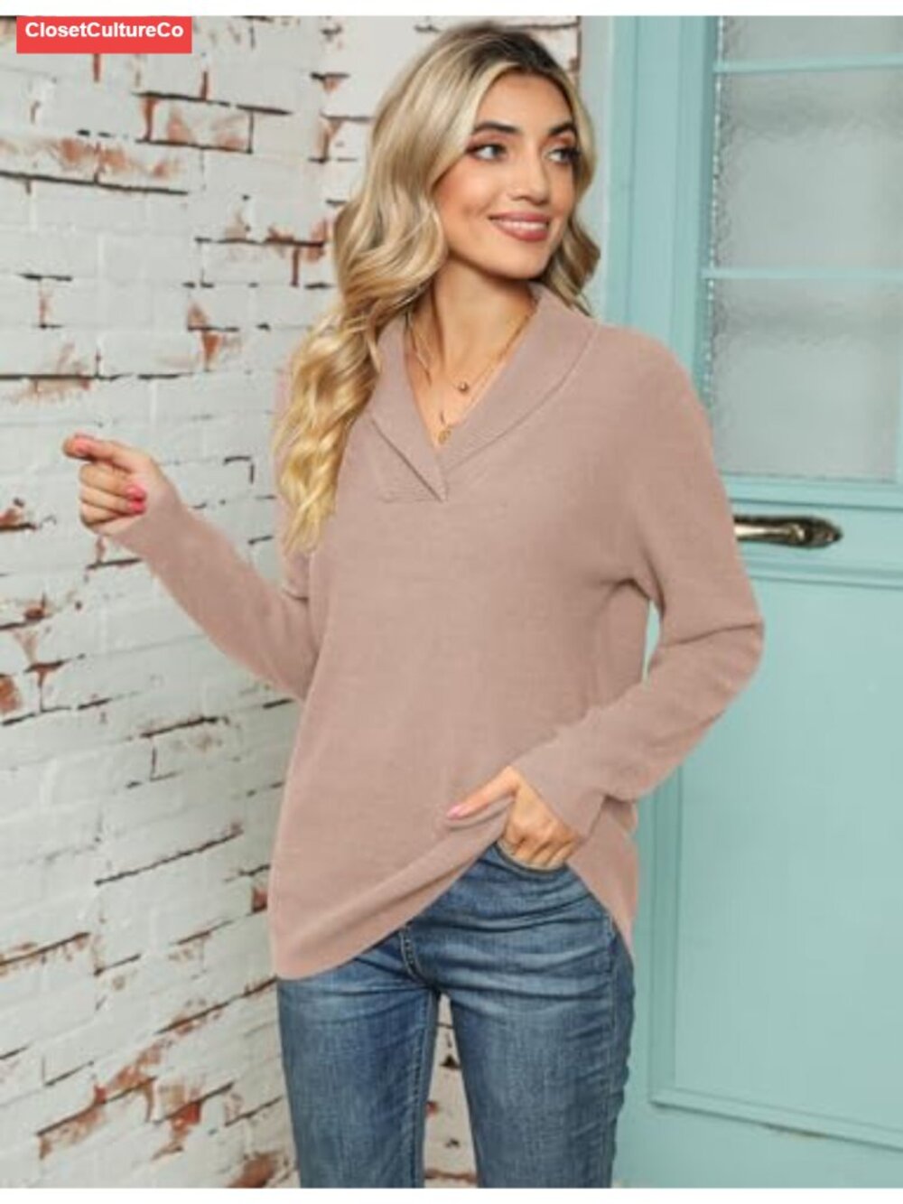 Women's Long Sleeve V Neck Pullover Sweater Knitted Collar - Picture 2 of 6